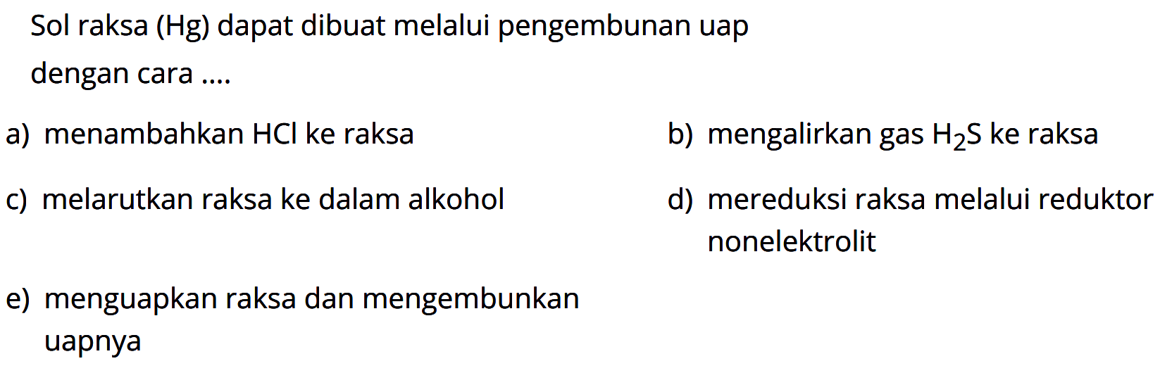 Sol raksa (Hg) dapat dibuat melalui pengembunan uap dengan cara ....
