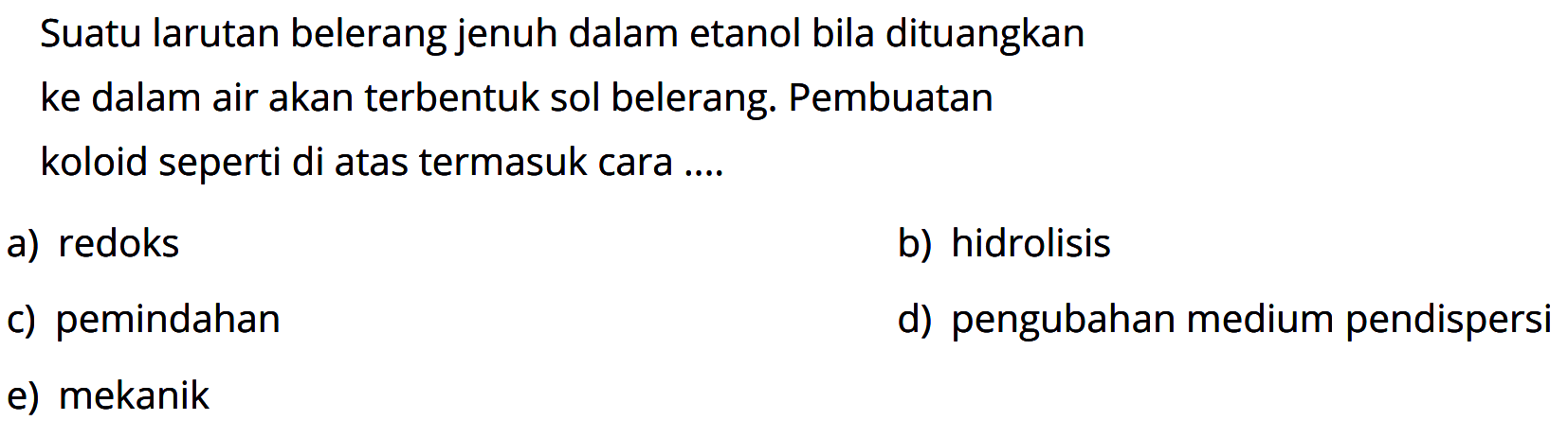 Suatu larutan belerang jenuh dalam etanol bila dituangkan
ke dalam air akan terbentuk sol belerang. Pembuatan koloid seperti di atas termasuk cara ....
