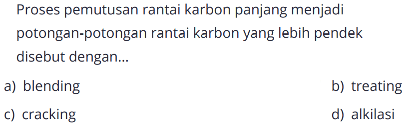 Proses pemutusan rantai karbon panjang menjadi potongan-potongan rantai karbon yang lebih pendek disebut dengan ...