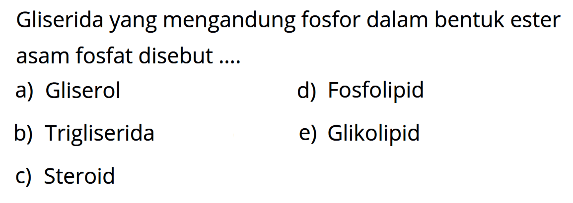 Gliserida yang mengandung fosfor dalam bentuk ester asam fosfat disebut ....
