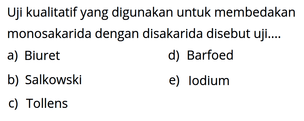 Uji kualitatif yang digunakan untuk membedakan monosakarida dengan disakarida disebut uji....
