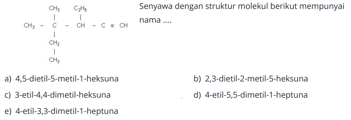 CH3 C2H5 CH3-C-CH-C ekuivalen CH CH2 CH3 Senyawa dengan struktur molekul berikut mempunyai nama... 