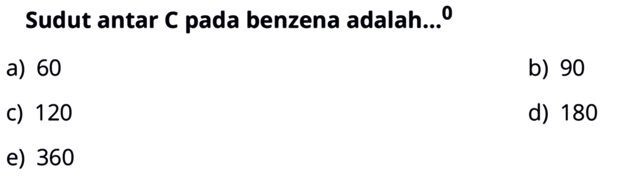 Sudut antar C pada benzena adalah...