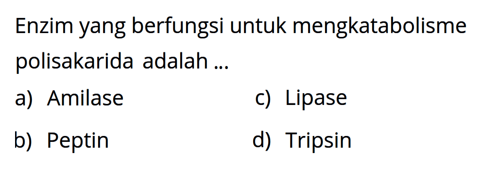 Enzim yang berfungsi untuk mengkatabolisme polisakarida adalah ...