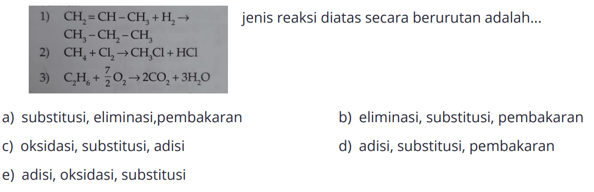 1) CH2 = CH - CH3 + H2 -> CH3 - CH2 - CH3 2) CH4 + Cl2 -> CH3Cl + HCl 3) C2H6 + 7/2 O2 -> 2 CO3 + 3 H2O jenis reaksi diatas secara berurutan adalah a) substitusi, eliminasi, pembakaran b) eliminasi, substitusi, pembakaran c) oksidasi, substitusi, adisi d) adisi, substitusi, pembakaran e) adisi, oksidasi, substitusi