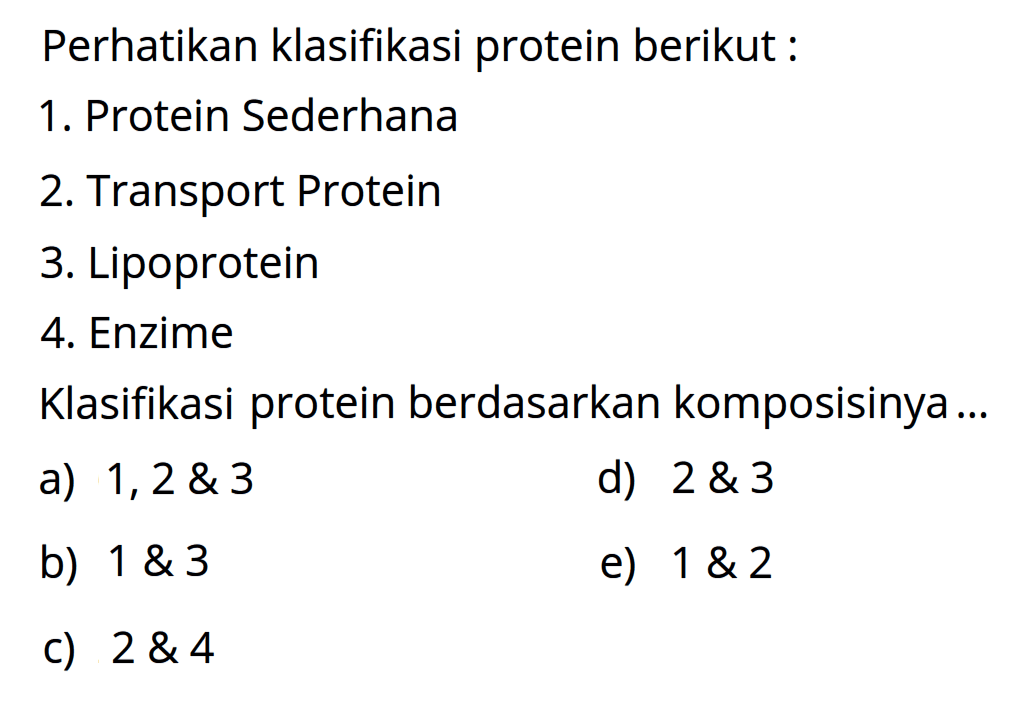 Perhatikan klasifikasi protein berikut:
1. Protein Sederhana
2. Transport Protein
3. Lipoprotein
4. Enzime
Klasifikasi protein berdasarkan komposisinya ...
