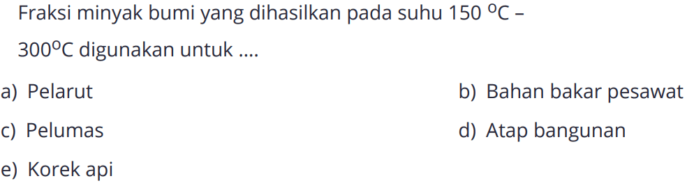 Fraksi minyak bumi yang dihasilkan pada suhu 150 C - 300 C digunakan untuk ....