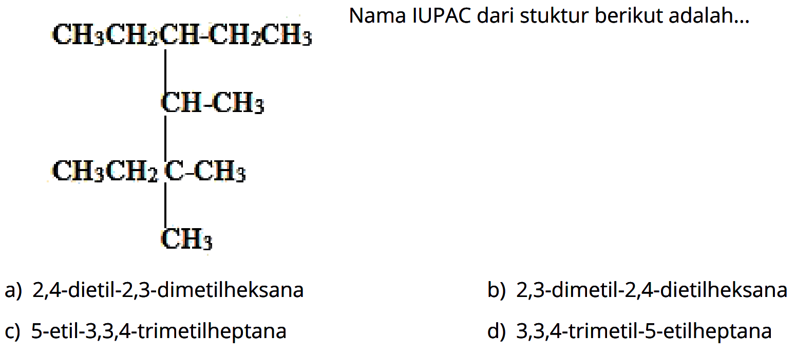  CH3CH2CH-CH2CH3 CH-CH3 CH3CH2C-CH3 CH3 Nama IUPAC dari stuktur berikut adalah... 