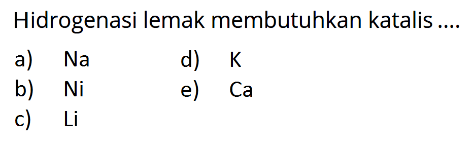 Hidrogenasi lemak membutuhkan katalis ....
