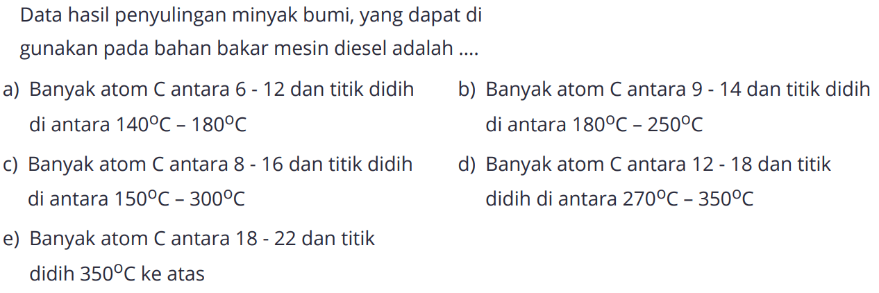 Data hasil penyulingan minyak bumi, yang dapat di gunakan pada bahan bakar mesin diesel adalah ....