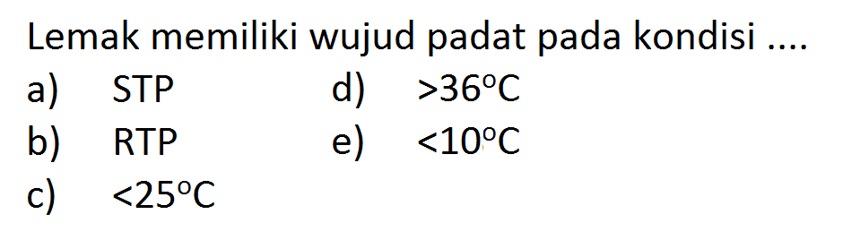 Lemak memiliki wujud padat pada kondisi ....