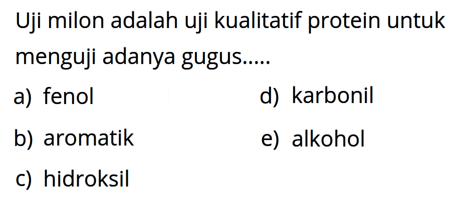 Uji milon adalah uji kualitatif protein untuk menguji adanya gugus.....
