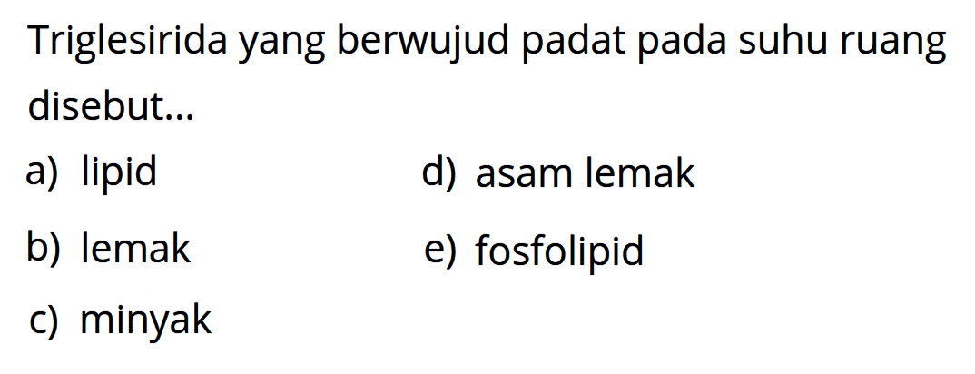 Triglesirida yang berwujud padat pada suhu ruang disebut...
