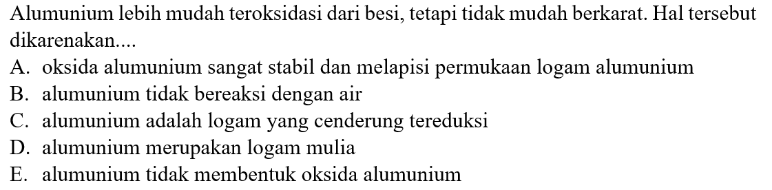 Alumunium lebih mudah teroksidasi dari besi, tetapi tidak mudah berkarat. Hal tersebut dikarenakan....
A. oksida alumunium sangat stabil dan melapisi permukaan logam alumunium
B. alumunium tidak bereaksi dengan air
C. alumunium adalah logam yang cenderung tereduksi
D. alumunium merupakan logam mulia
E. alumunium tidak membentuk oksida alumunium