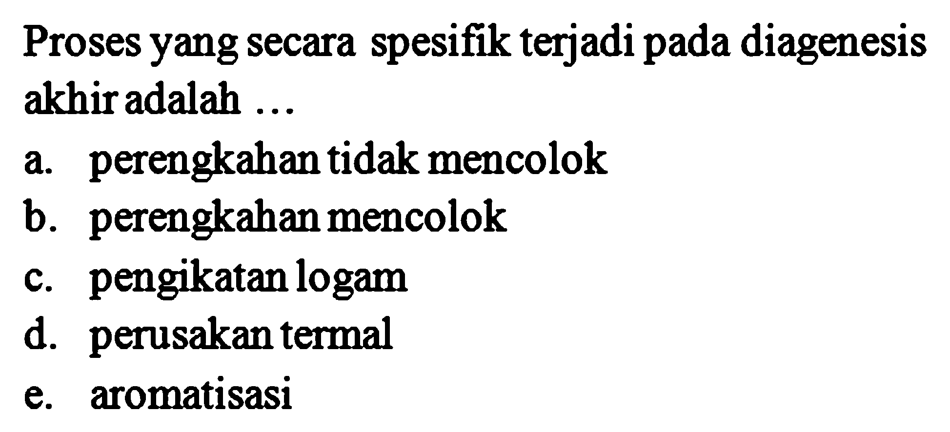 Proses yang secara spesifik terjadi pada diagenesis akhir adalah ...
