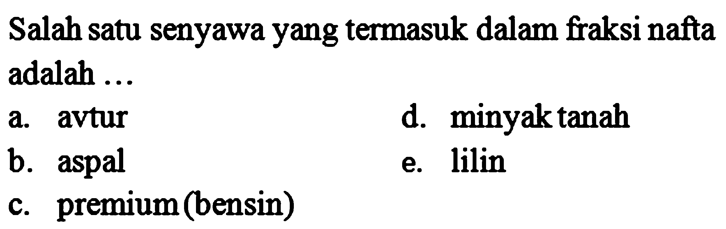 Salah satu senyawa yang termasuk dalam fraksi nafta adalah ...