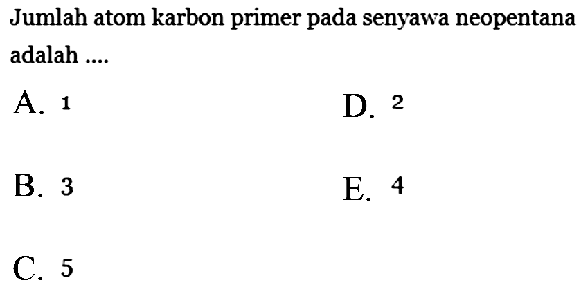 Jumlah atom karbon prima pada senyawa neopentana adalah .... 