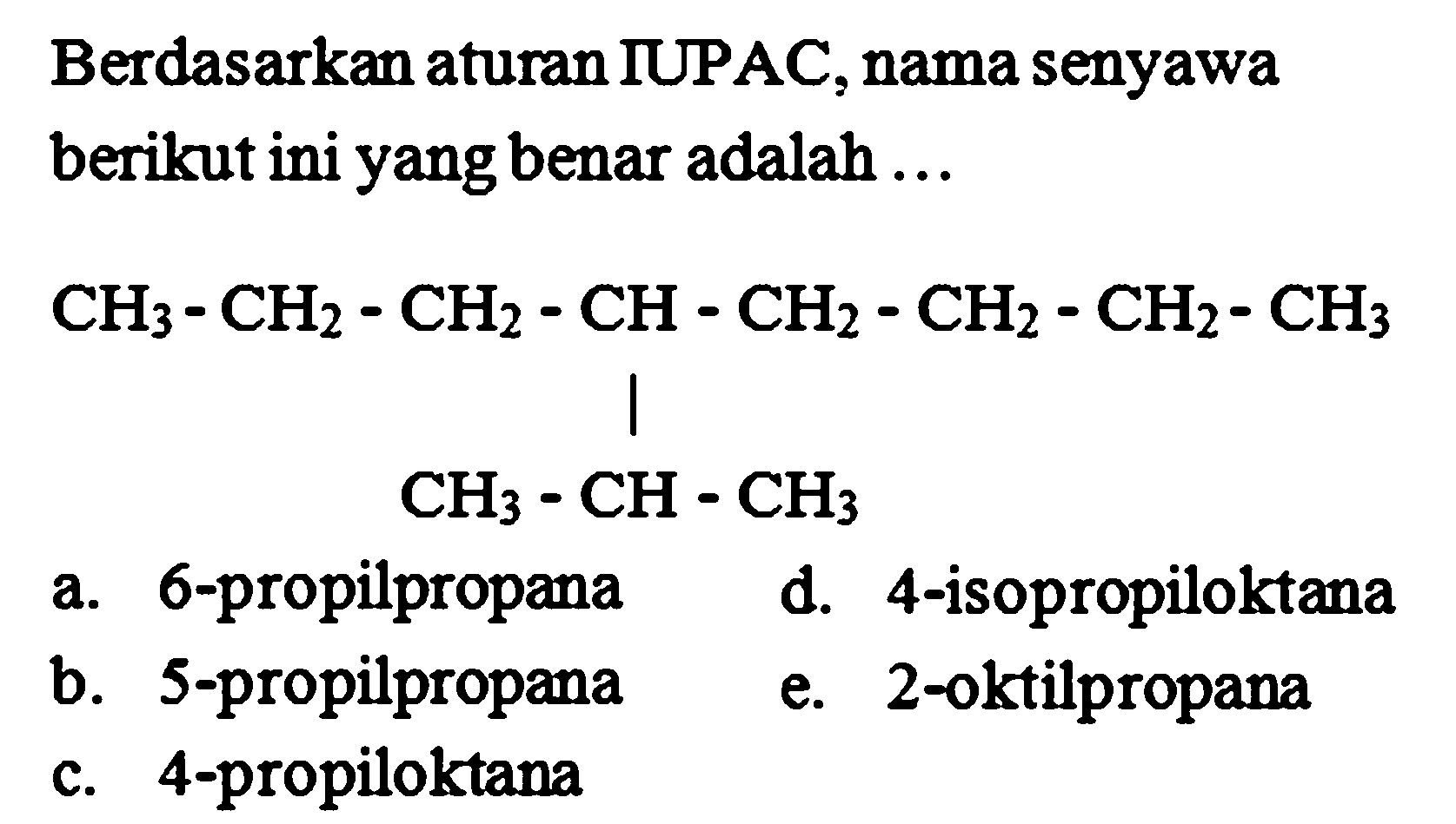 Berdasarkan aturan IUPAC, nama senyawa berikut ini yang benar adalah ... CH3 - CH2 - CH2 - CH - CH2 - CH2 - CH2 - CH3 | CH3 - CH - CH3 