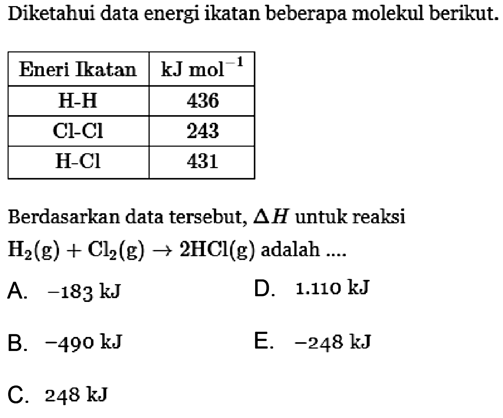 DIketahui data energi ikatan beberapa molekul berikut. Energi Ikatan kJ mol^-1 H - H 436 Cl - Cl 243 H - Cl 431 Berdasarkan data tersebut, Delta H untuk reaksi H2 (g) + Cl2 (g) -> 2HCl(g) adalah .... 