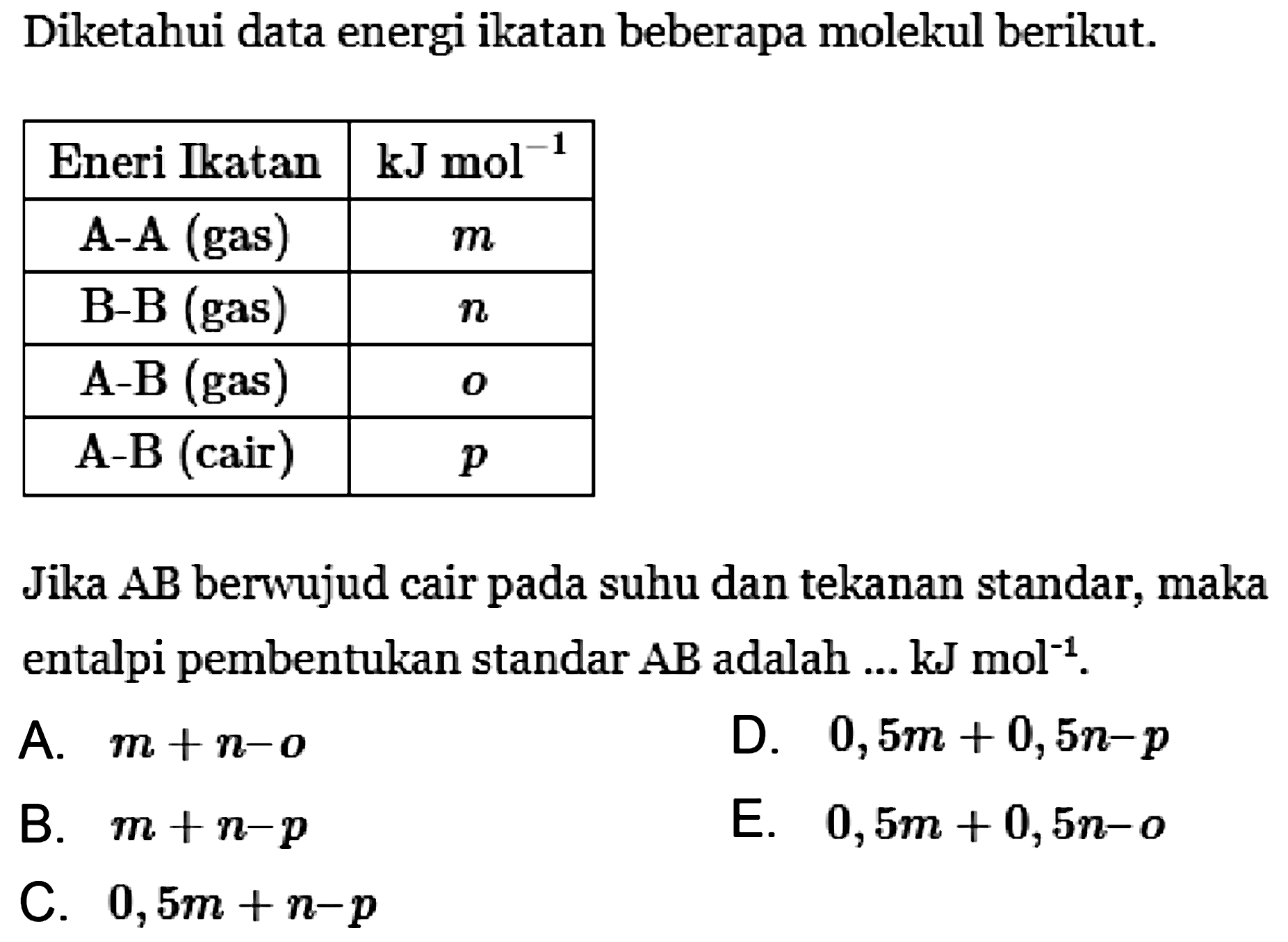 Diketahui data energi ikatan beberapa molekul berikut Eneri Ikatan   kJ mol^-1   A-A (gas)   m   B-B (gas)   n   A-B (gas)   o   A-B (cair)   p  Jika  AB  berwujud cair pada suhu dan tekanan standar, maka entalpi pembentukan standar  AB  adalah  ... kJ mol^-1.