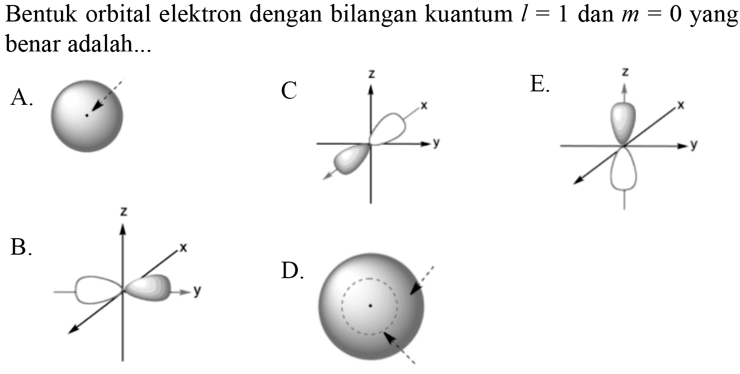 Bentuk orbital elektron dengan bilangan kuantum l=1 dan m=0 yang benar adalah...
A. C. z x y E. z x y B. z x y D. 