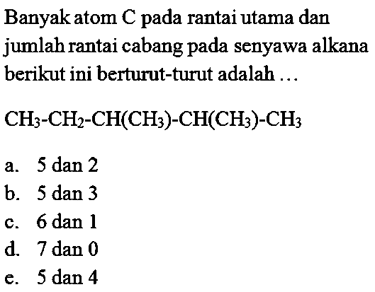 Banyak atom C pada rantai utama dan jumlah rantai cabang pada senyawa alkana berikut ini berturut-turut adalah ... CH3 - CH2 - CH(CH3) - CH(CH3) - CH3 