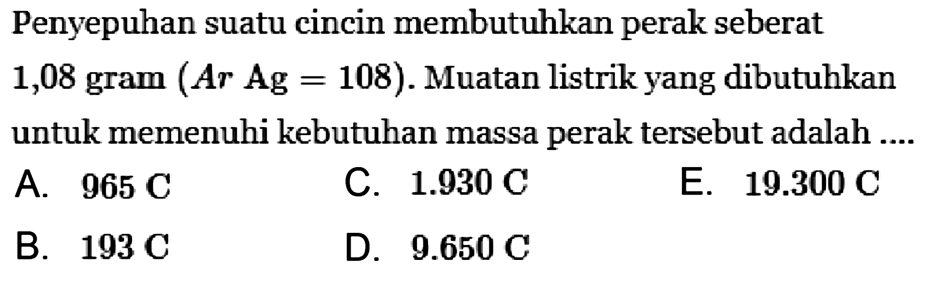 Penyepuhan suatu cincin membutuhkan perak seberat 1,08 gram (Ar Ag = 108). Muatan listrik yang dibutuhkan untuk memenuhi kebutuhan massa perak tersebut adalah ....
