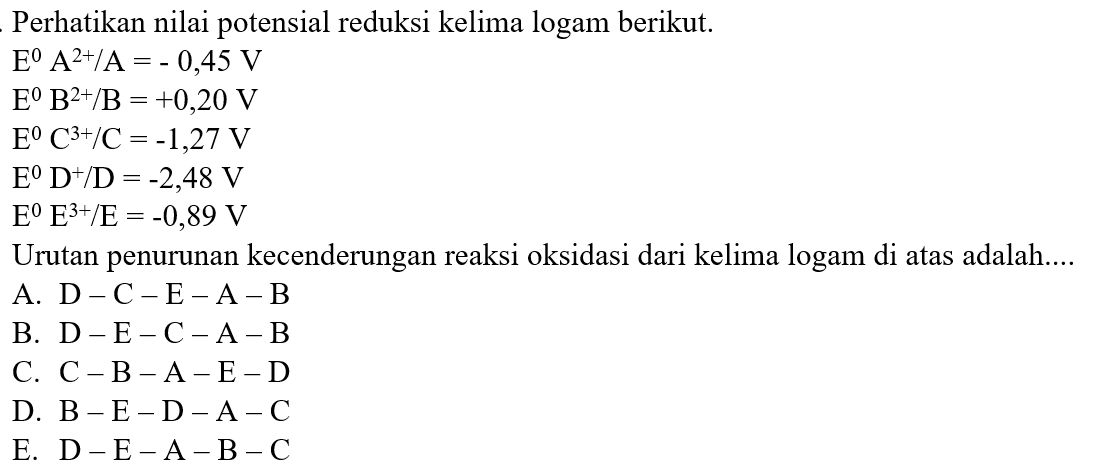 Perhatikan nilai potensial reduksi kelima logam berikut.E^0 A^2+/A=-0,45 V E^0 B^2+/B=+0,20 V E^0 C^3+/C=-1,27 V E^0 D^+/D=-2,48 V E^0 E^3+/E=-0,89 VUrutan penurunan kecenderungan reaksi oksidasi dari kelima logam di atas adalah....