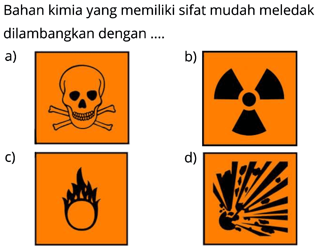 Bahan kimia yang memiliki sifat mudah meledak dilambangkan dengan .... 