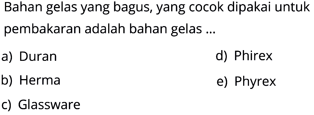 Bahan gelas yang bagus, yang cocok dipakai untuk pembakaran adalah bahan gelas...