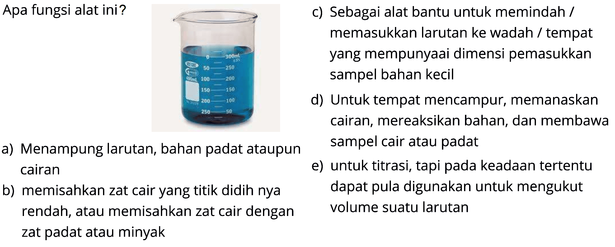  Apa fungsi alat ini?
a) Menampung larutan, bahan padat ataupun cairan 
b) memisahkan zat cair yang titik didih nya rendah, atau memisahkan zat cair dengan zat padat atau minyak 
c) Sebagai alat bantu untuk memindah/memasukkan larutan ke wadah/tempat yang mempunyai dimensi pemasukkan sampel bahan kecil 
d) Untuk tempat mencampur, memanaskan cairan, mereaksikan bahan, dan membawa sampel cair atau padat 
e) untuk titrasi, tapi pada keadaan tertentu dapat pula digunakan untuk mengukur volume suatu larutan 