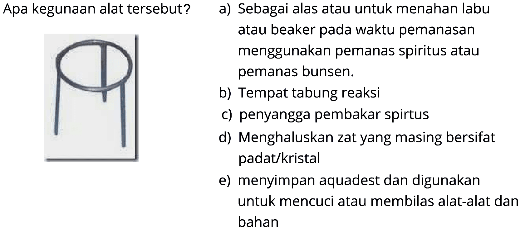 Apa kegunaan alat tersebut?
a) Sebagai alas atau untuk menahan labu
- atau beaker pada waktu pemanasan
menggunakan pemanas spiritus atau pemanas bunsen.
b) Tempat tabung reaksi
c) penyangga pembakar spirtus
d) Menghaluskan zat yang masing bersifat padat/kristal
e) menyimpan aquadest dan digunakan untuk mencuci atau membilas alat-alat dan bahan