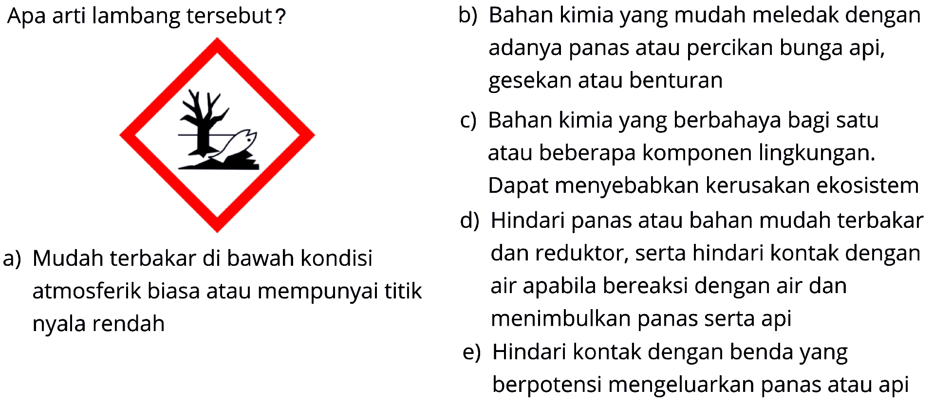 Apa arti lambang tersebut? 
a) Mudah terbakar di bawah kondisi atmosferik biasa atau mempunyai titik nyala rendah 
b) Bahan kimia yang mudah meledak dengan adanya panas atau percikan bunga api, gesekan atau benturan
c) Bahan kimia yang berbahaya bagi satu atau beberapa komponen lingkungan. Dapat menyebabkan kerusakan ekosistem 
d) Hindari panas atau bahan mudah terbakar dan reduktor, serta hindari kontak dengan air apabila bereaksi dengan air dan menimbulkan panas serta api 
e) Hindari kontak dengan benda yang berpotensi mengeluarkan panas atau api