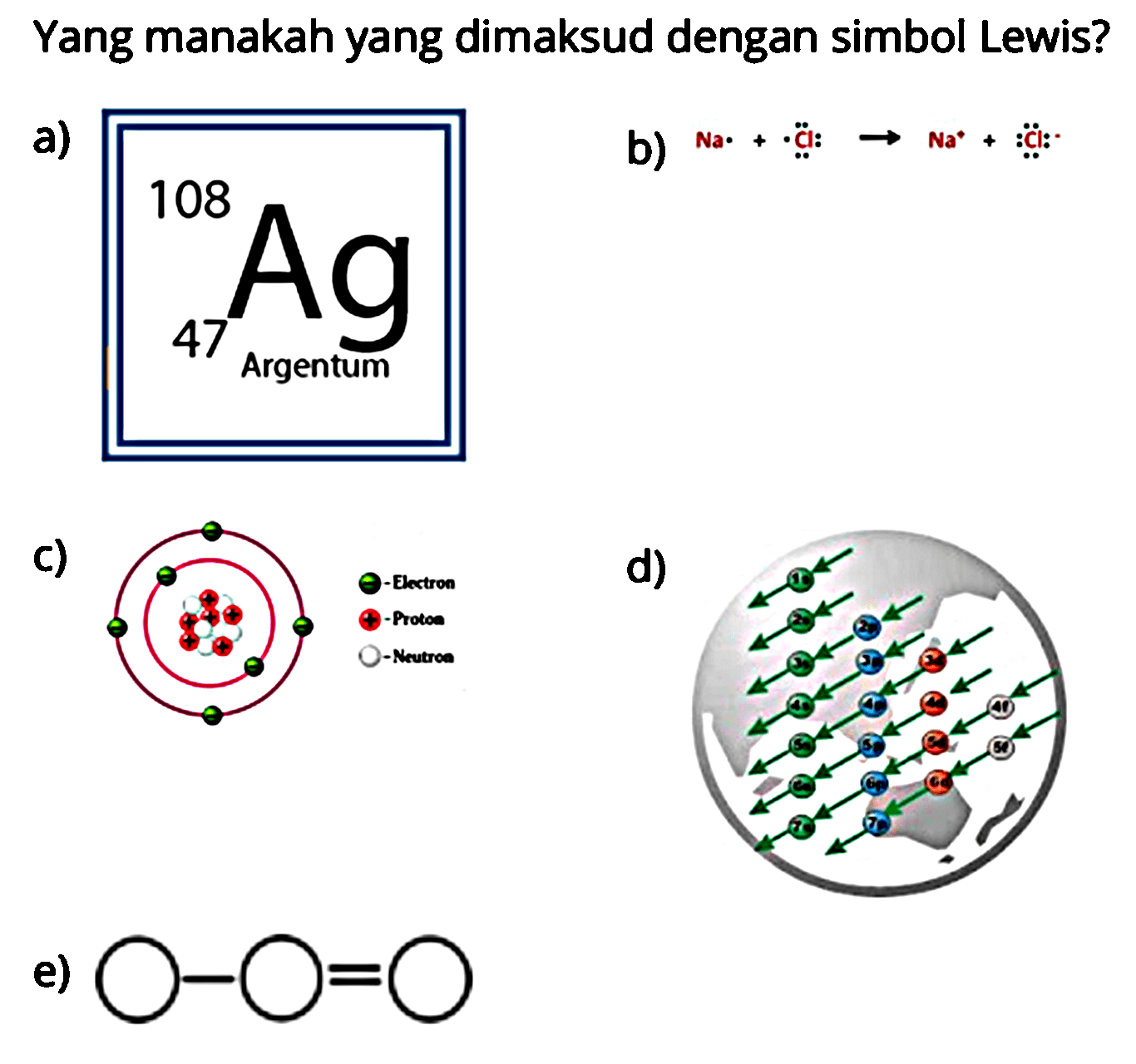 Yang manakah yang dimaksud dengan simbol Lewis?
a) 108 47 Ag Argentum
b) Na + Cl -> Na^+ + Cl^- Argentum
c) Elektron Proton Neutron - - - - - - - + + + + + + +
d) 1s 2s 3s 4s 5s 6s 7s 2p 3p 4p 5p 6p 7p 3d 4d 5d 6d  4f 5f 
e)