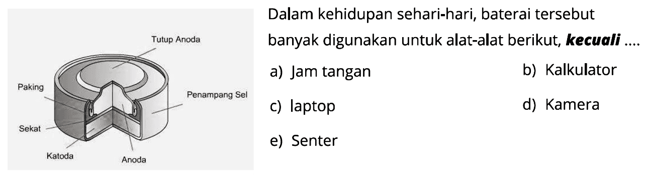 Dalam kehidupan sehari-hari, baterai tersebut
Tutup Anoda Penampung Sel Anoda Katoda Paking Sekat
a) Jam tangan
b) Kalkulator
c) laptop
d) Kamera
e) Senter