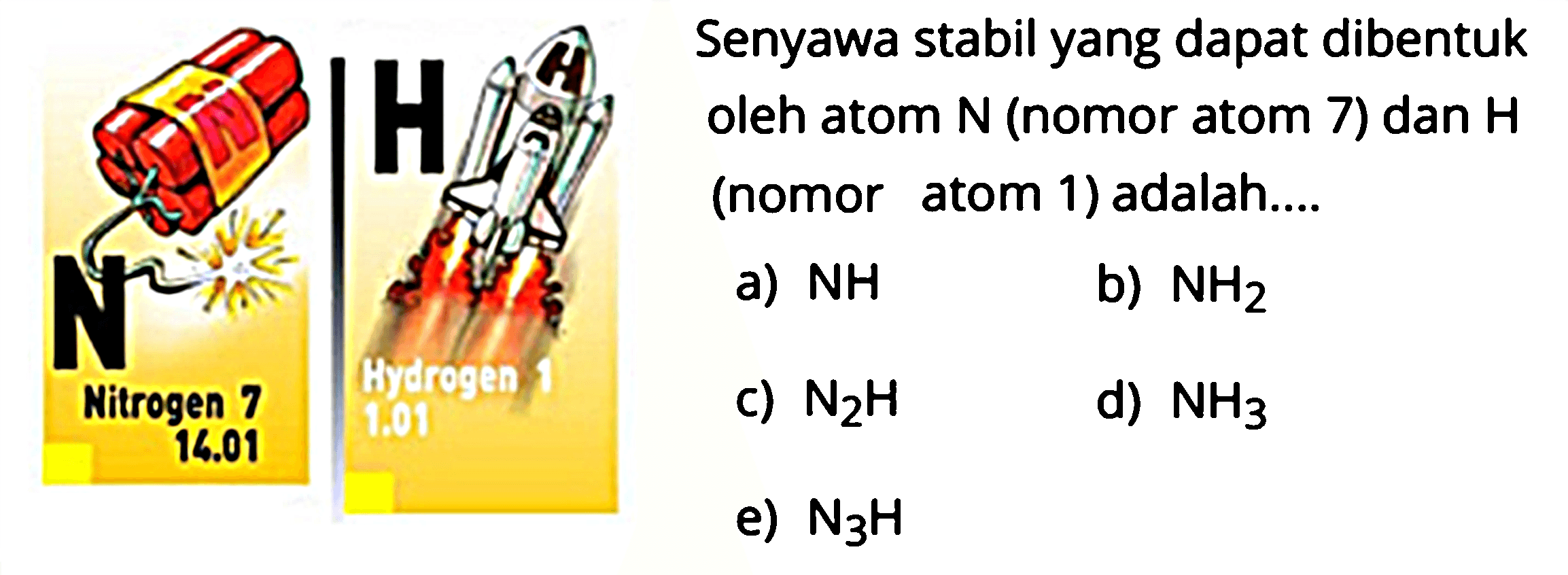 N Nitrogen 7 14.01 
H Hydrogen 1 1.01 
Senyawa stabil yang dapat dibentuk oleh atom N (nomor atom 7) dan H (nomor atom 1) adalah ....