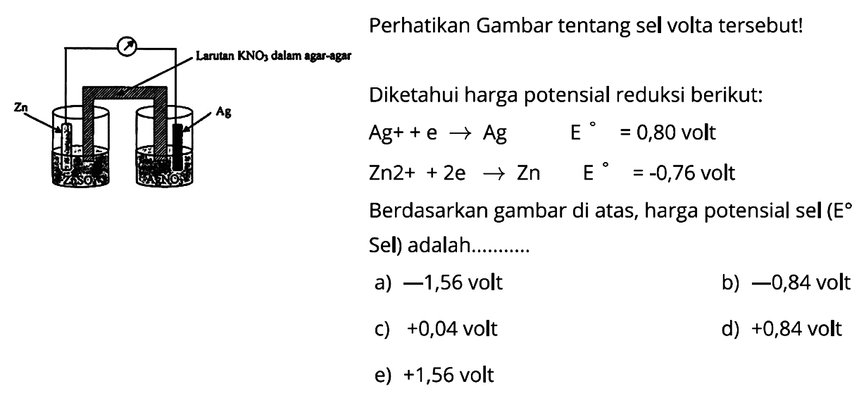 Perhatikan Gambar tentang sel volta tersebut! larutan KNO3 dalam agar-agar Zn Ag Diketahui harga potensial reduksi berikut: Ag+ + e -> Ag E=0,80 volt Zn 2+ + 2e -> Zn E=-0,76 volt Berdasarkan gambar di atas, harga potensial sel (E Sel) adalah.......... 