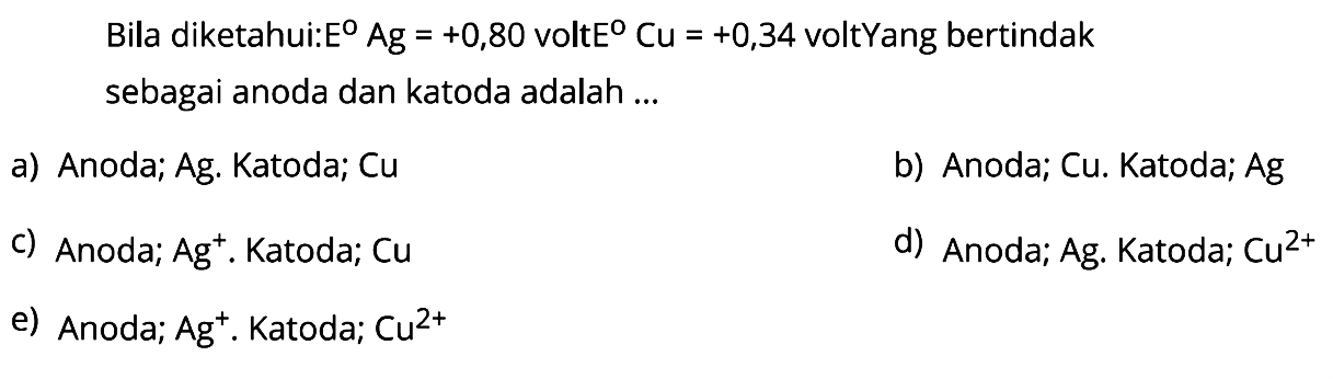 Bila diketahui: E^0 Ag=+0,80 volt E^0 Cu=+0,34 volt. Yang bertindak sebagai anoda dan katoda adalah ...