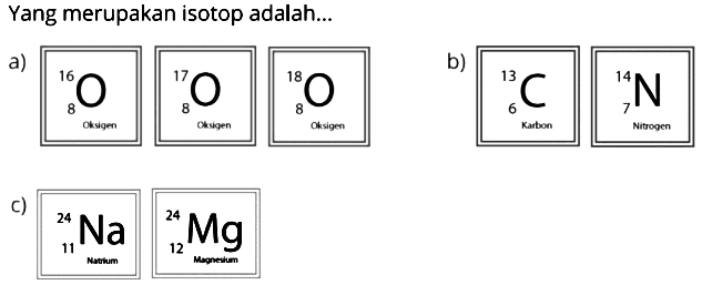 Yang merupakan isotop adalah ...
a) 16 8 O Oksigen 17 8 Oksigen 18 8 Oksigen
b). 13 6 C Karbon 14 7 Nitrogen
c). 24 11 Natrium 24 12 Magnesium