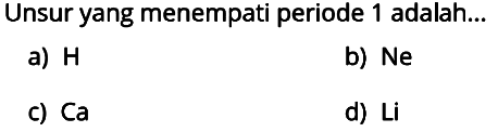 Unsur yang menempati periode 1 adalah...
