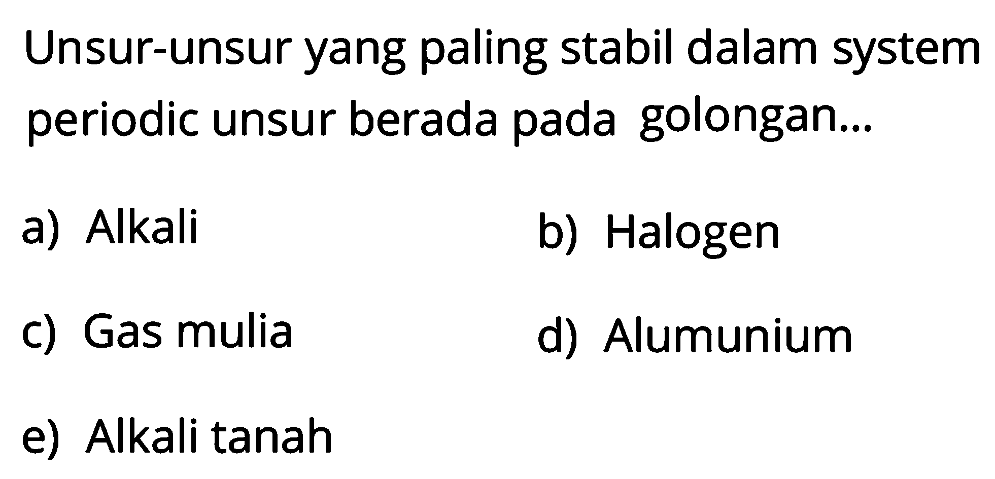 Unsur-unsur yang paling stabil dalam system periodic unsur berada pada golongan...
