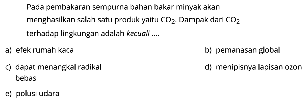 Pada pembakaran sempurna bahan bakar minyak akan menghasilkan salah satu produk yaitu CO2. Dampak dari CO2 terhadap lingkungan adalah kecuali ....
a) efek rumah kaca 
b) pemanasan global 
c) dapat menangkal radikal bebas 
d) menipisnya lapisan ozon 
e) polusi udara