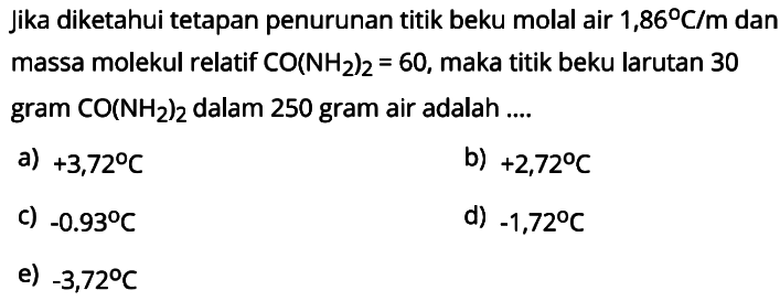 Jika diketahui tetapan penurunan titik beku molal air 1,86 C/m dan massa molekul relatif CO(NH2)2 = 60, maka titik beku larutan 30 gram CO(NH2)2 dalam 250 gram air adalah