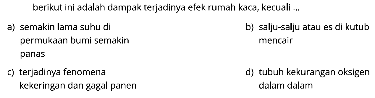 berikut ini adalah dampak terjadinya efek rumah kaca, kecuali ...
a) semakin lama suhu di permukaan bumi semakin panas 
b) salju-salju atau es di kutub mencair 
c) terjadinya fenomena kekeringan dan gagal panen 
d) tubuh kekurangan oksigen dalam dalam