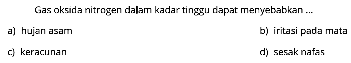 Gas oksida nitrogen dalam kadar tinggu dapat menyebabkan ...
