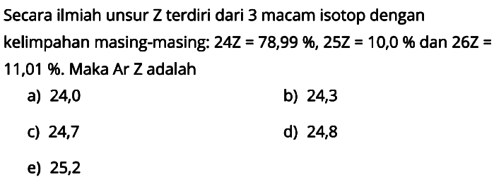 Secara ilmiah unsur Z terdiri dari 3 macam isotop dengan kelimpahan masing-masing: 24 Z=78,99%, 25 Z=10,0% dan 26 Z=11,01%. Maka Ar Z adalah