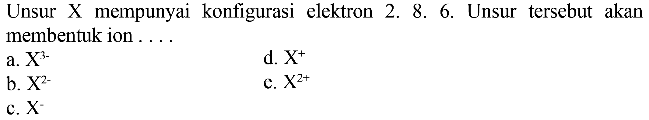 Unsur X mempunyai konfigurasi elektron 2. 8. 6. Unsur tersebut akan membentuk ion ....