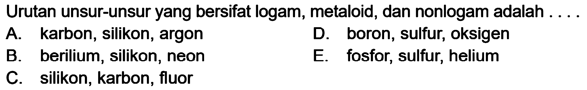 Urutan unsur-unsur yang bersifat logam, metaloid, dan nonlogam adalah...