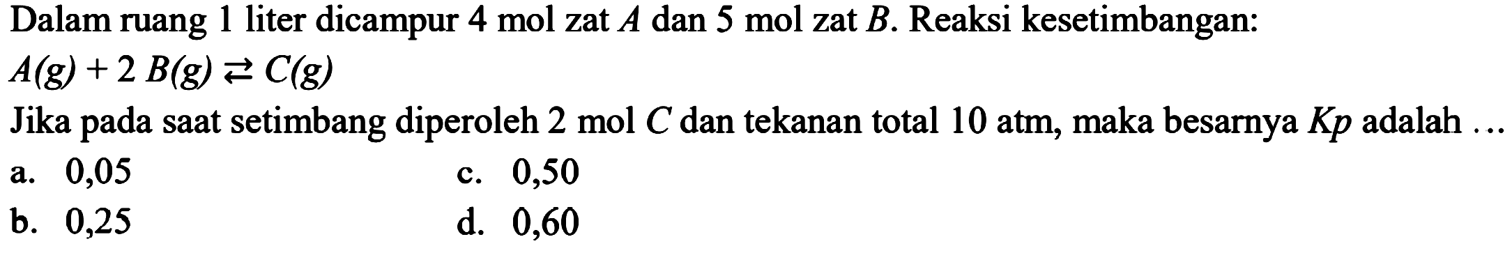 Dalam ruang 1 liter dicampur 4 mol zat A dan 5 mol zat B. Reaksi kesetimbangan: A(g) + 2B(g) <=> C(g) Jika pada saat setimbang diperoleh 2 mol C dan tekanan total 10 atm, maka besarnya Kp adalah ... 