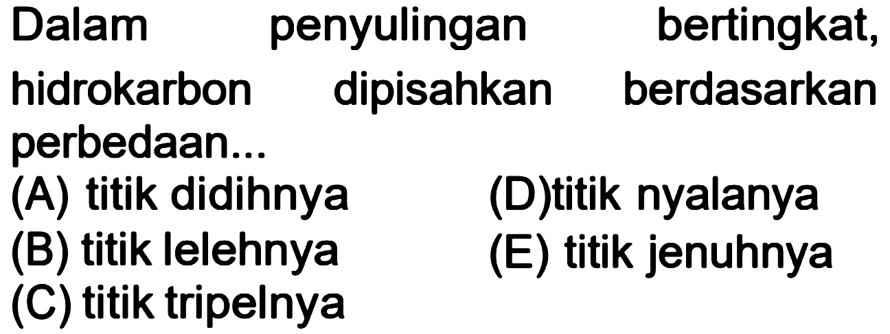 Dalam penyulingan bertingkat, hidrokarbon dipisahkan berdasarkan perbedaan...
